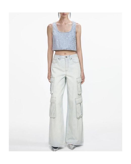 Self-Portrait Blue Rhinestone-Embellished Denim Top