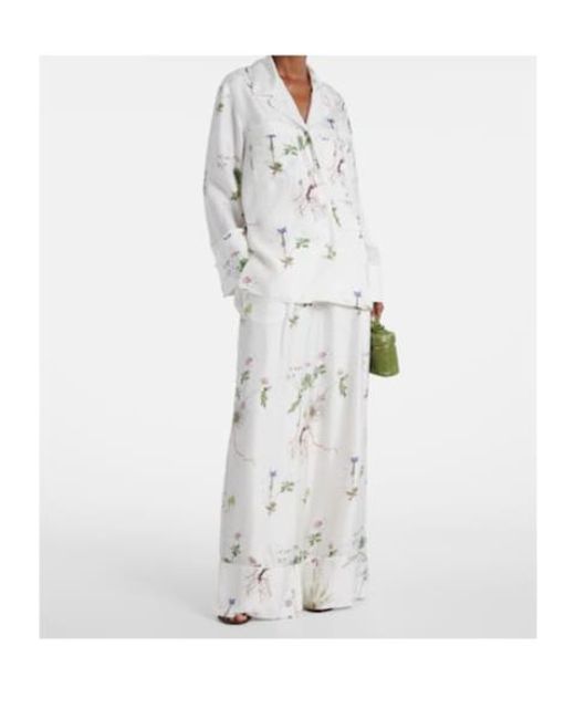 Erdem White Floral Printed Silk Wide-Leg Pants