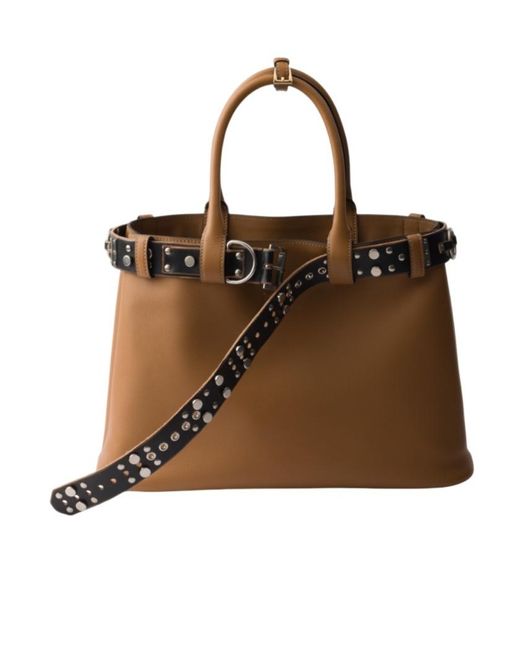 Prada Brown Buckle Large Leather Bag With Studded Belt