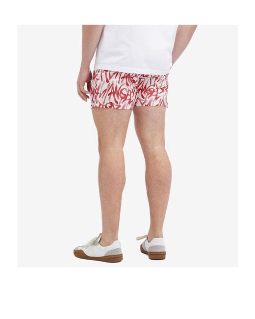Palm Angels Red Graffiti Printed Drawstring Swim Shorts for men