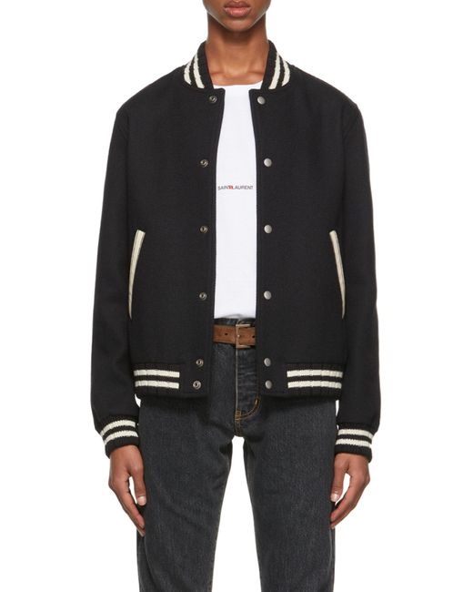 Saint Laurent Black Teddy Varsity Jacket for men