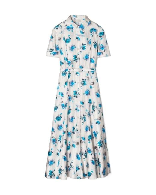 Tory Burch Blue Floral-Print Flared Shirt Dress