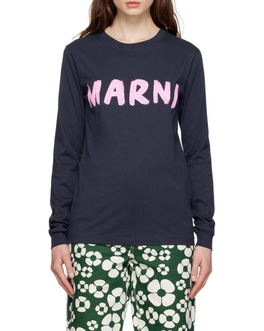 Marni Blue Logo-Print Long-Sleeved T-Shirt