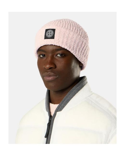 Stone Island Pink Ribbed Knit Beanie With Compass Logo Patch for men