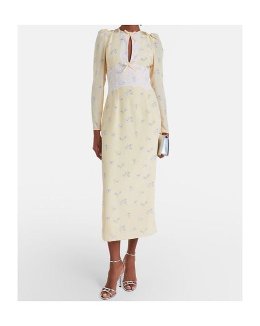 Alessandra Rich Natural Lace-Trimmed Floral Silk Midi Dress
