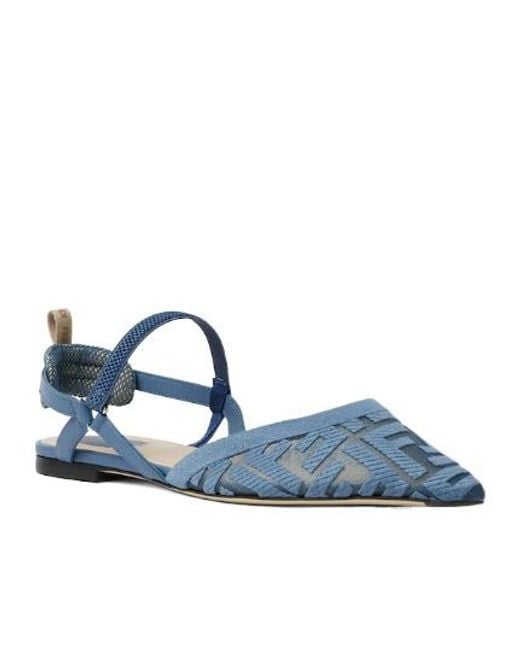 Fendi Blue Ff-Motif Slingback Pumps Flats
