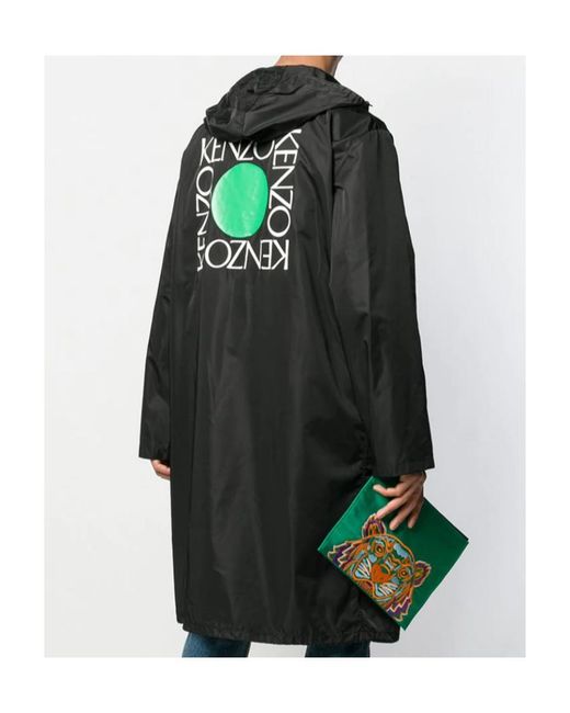KENZO Black Logo Printed Long Overcoat for men