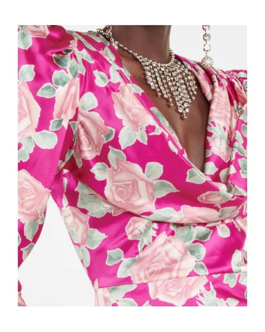 Alessandra Rich Pink Floral Draped Silk Satin Maxi Dress