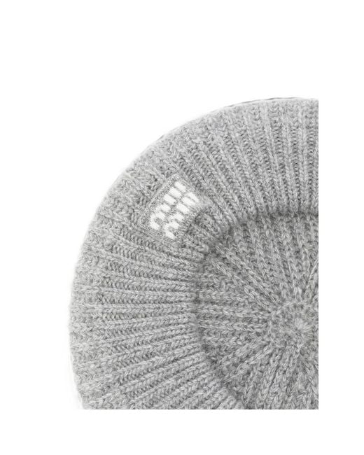 Miu Miu White Logo-Embroidered Ribbed-Knit Beret