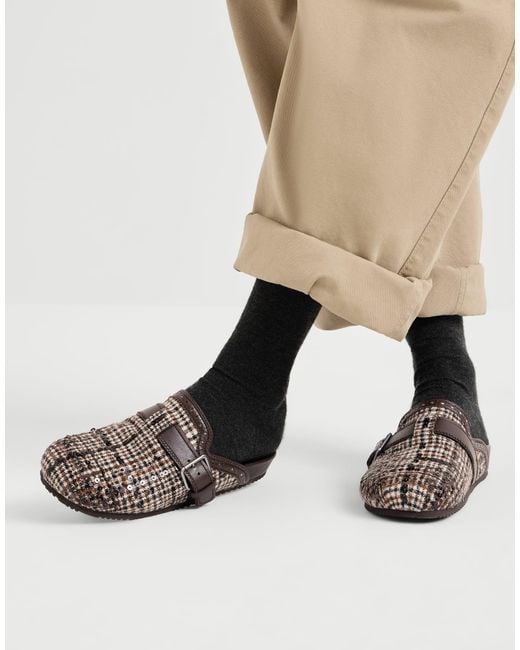 Brunello Cucinelli Brown Water-Resistant Alpaca And Wool Check Slippers With Dazzling Dégradé Embroidery