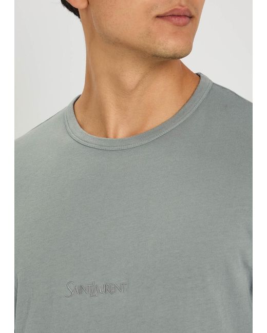 Saint Laurent Gray Logo-Embroidered Cotton T-Shirt for men