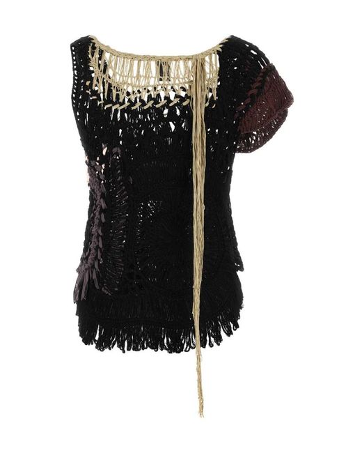 Dries Van Noten Black Draped Crochet Asymmetric Knit Top