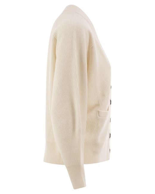 Brunello Cucinelli Natural Ribbed Cashmere V-Neck Cardigan