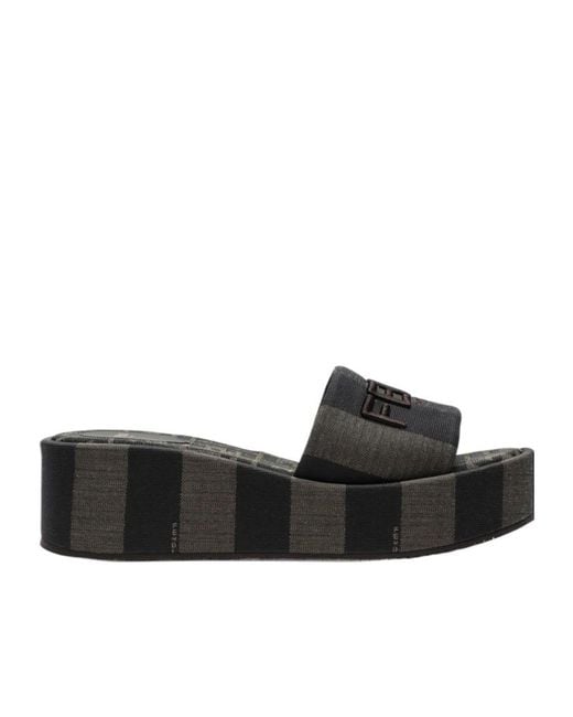 Fendi Black Sunshine Logo Embroidered Slippers