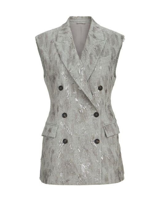 Brunello Cucinelli Gray Virgin Wool And Cashmere Twill Flannel Vest With Dazzling Lynx Embroidery