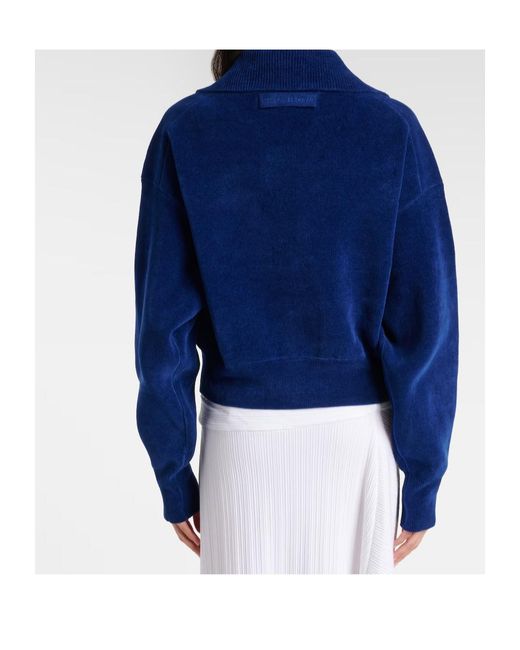 Victoria Beckham Blue Cropped Cotton-Blend Velvet Sweatshirt