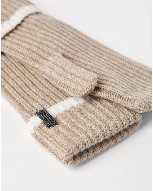 Brunello Cucinelli Natural Cashmere English Rib Knit Mittens With Monili