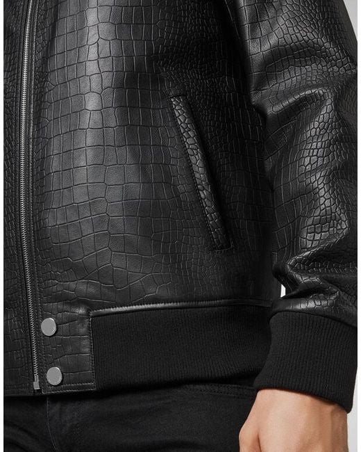 Philipp Plein Black Crocodile-Effect Leather Bomber Jacket for men