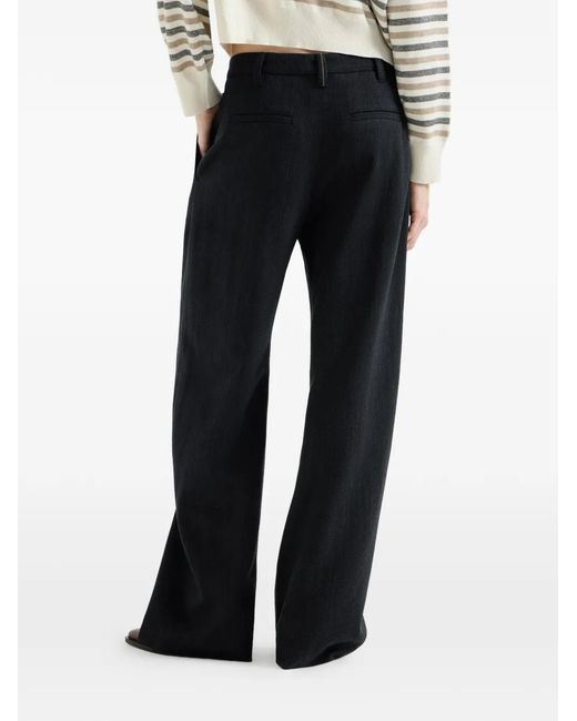 Brunello Cucinelli Blue Virgin Wool Crêpe Chevron Tailored Barrel Trousers With Monili