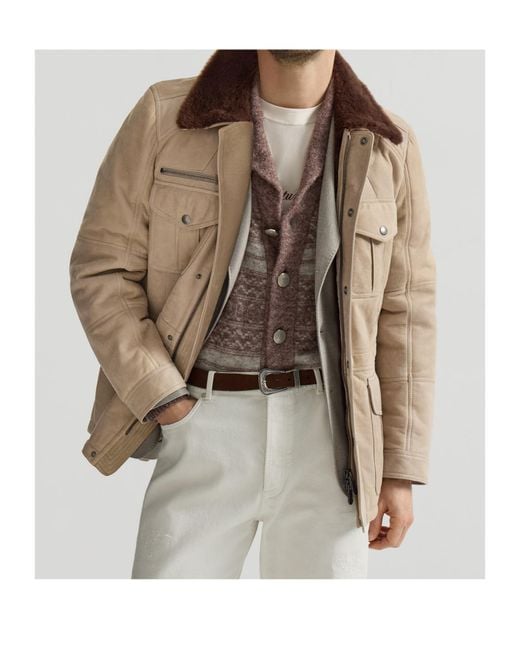Brunello Cucinelli Brown Waxed Shearling Safari Jacket for men