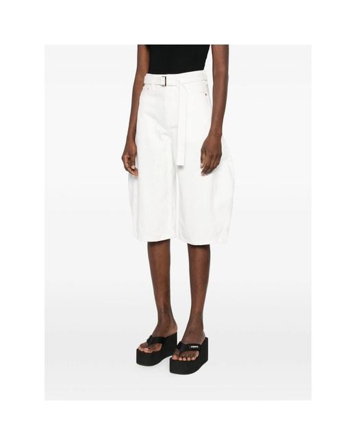 Sacai White Belted Cropped Denim Shorts