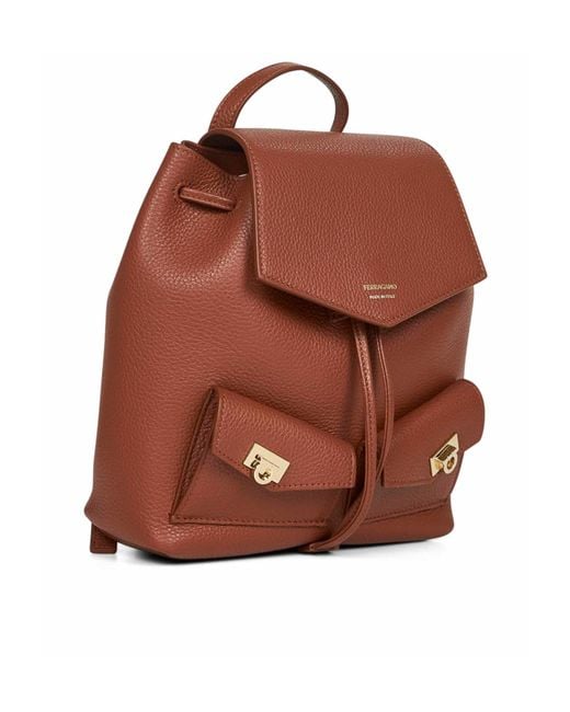 Ferragamo Brown Drawstring Flap Backpack