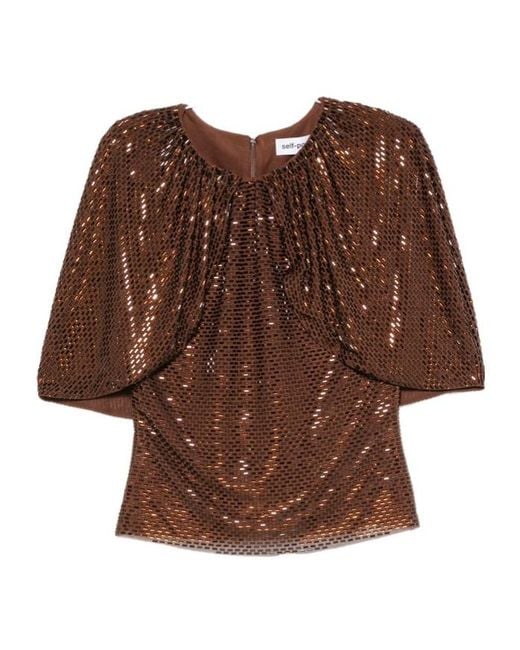 Self-Portrait Brown Sequin-Embellished Cape-Sleeve Top