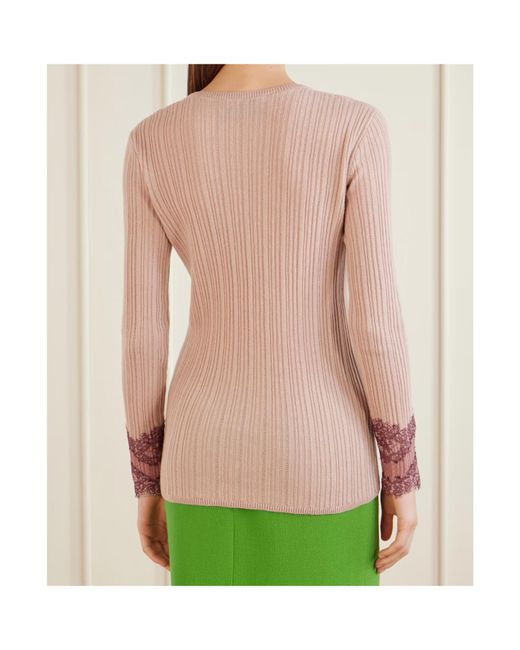 Valentino Pink Lace-Trimmed Ribbed Cashmere Sweater