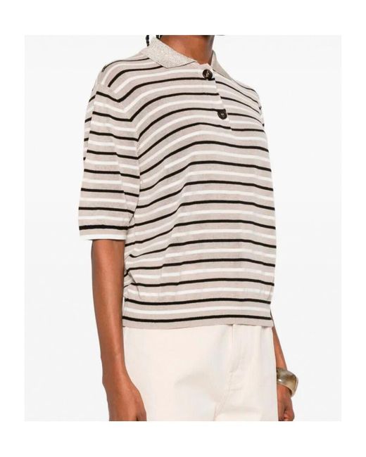 Brunello Cucinelli White Striped Knit Polo Top