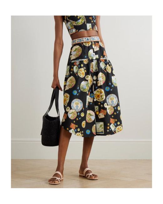 Farm Rio Black Printed Cotton Midi Skirt