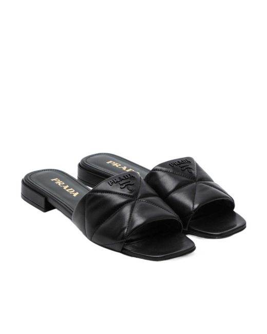 Prada Black Quilted Leather Logo Sandals