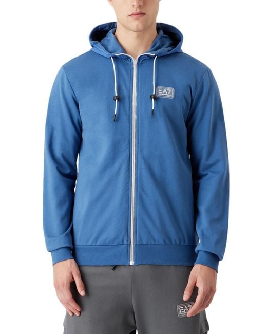 EA7 Blue Logo-Patch Cotton Hoodie for men