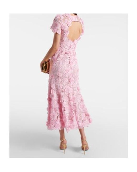 Oscar de la Renta Pink Floral Lace Midi Dress