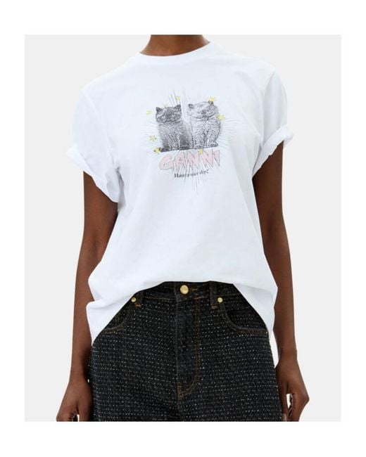 Ganni White Basic Jersey Kittens Relaxed T-Shirt