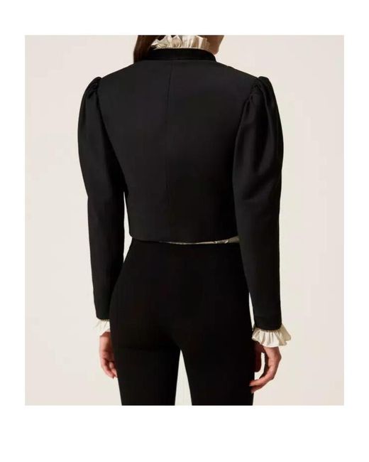 Twinset Black Velvet-Trimmed Puff-Sleeve Jacket