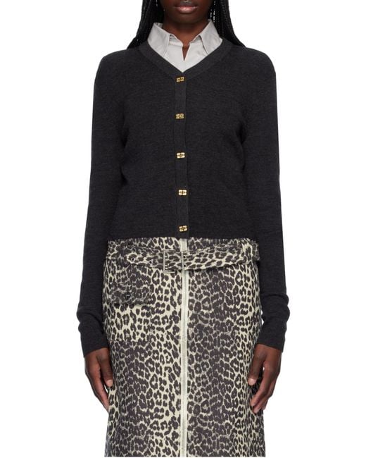 Ganni Black V-Neck Logo Embroidered Cardigan