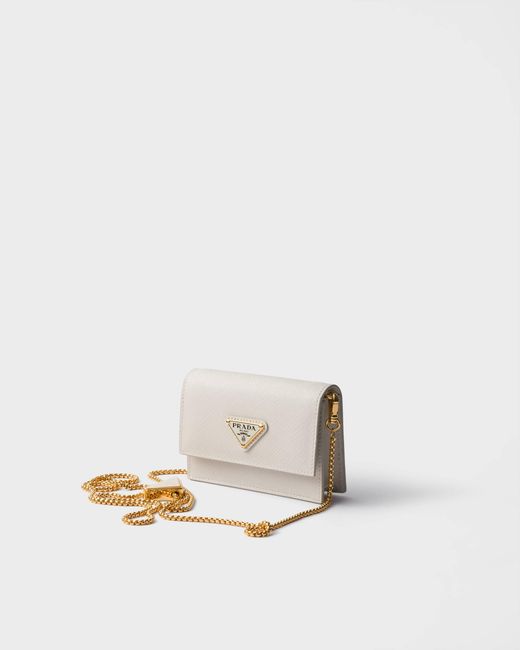 Prada White Saffiano Leather Card Holder With Shoulder Strap