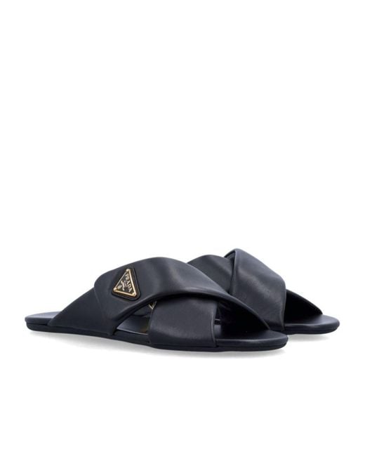 Prada Blue Triangle-Logo Padded Slides