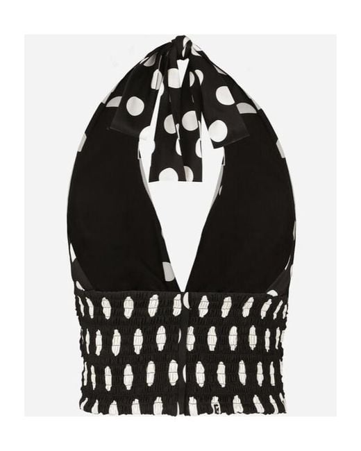 Dolce & Gabbana Black Polka-Dot Charmeuse Top With Plunging Neckline
