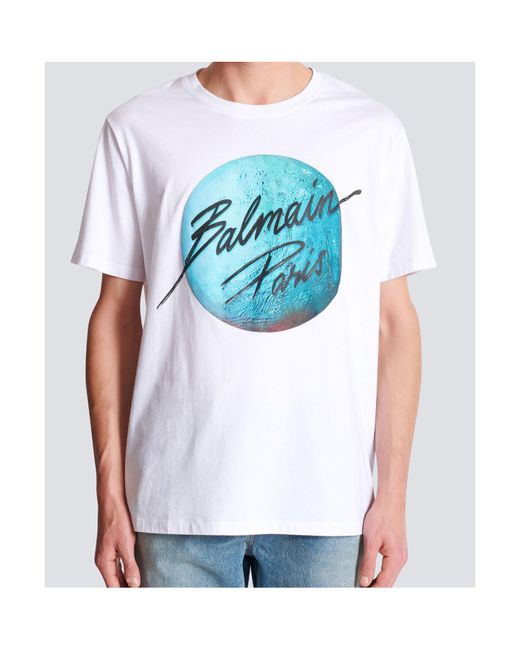 Balmain White Printed Paris Logo And Planet T-Shirt for men