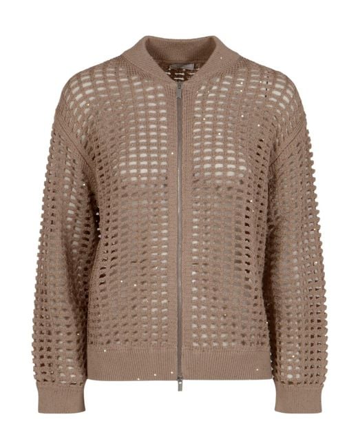 Peserico Brown Open-Knit Zip Cardigan