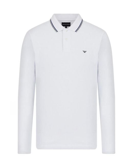 Emporio Armani White Eagle Embroidered Long-Sleeved Polo Shirt for men