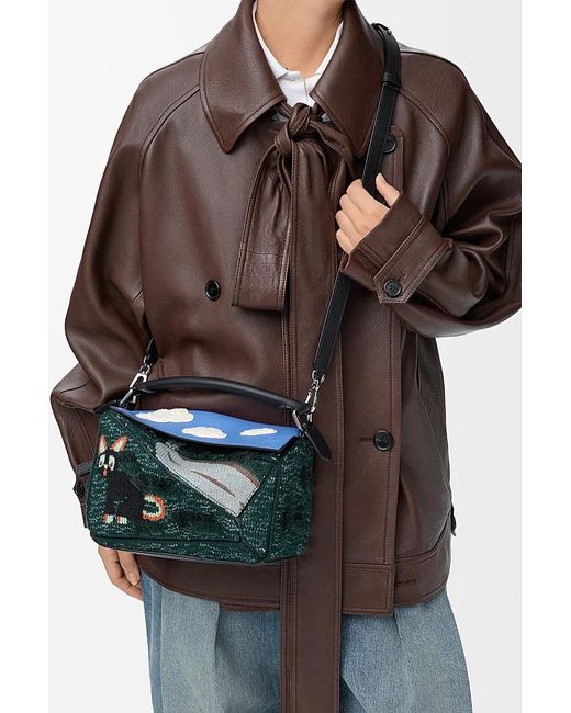 Loewe Blue Petit Sac Puzzle Futurist Cat En Maille Brodée Et Cuir De Veau
