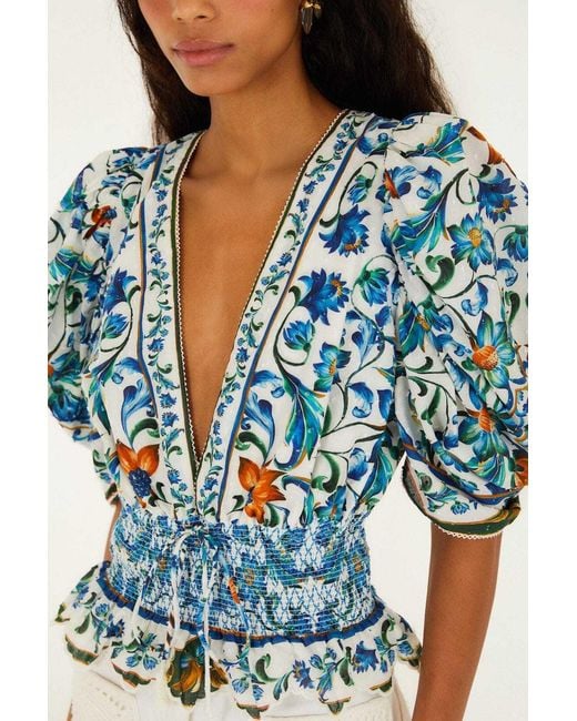 Farm Rio Blue V-Neck Floral-Pattern Top