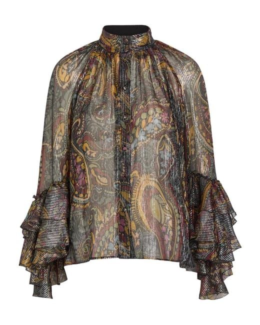 Etro Brown Printed Metallic-Silk Shirt