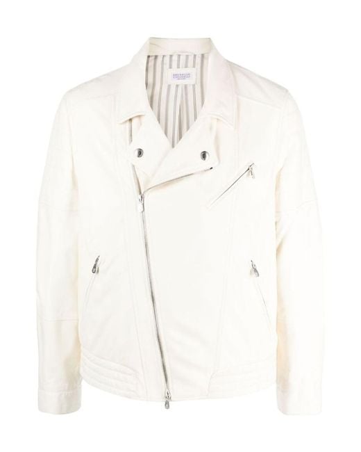 Brunello Cucinelli White Bonded-Seamed Panelled Leather Jacket for men