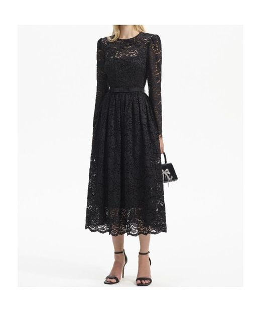 Self-Portrait Black Corded-Lace Pleated Midi Dress