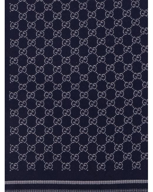 Gucci Blue Monogrammed Frayed-Edge Scarf for men