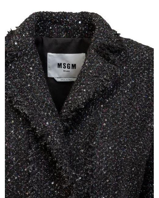 MSGM Black Long-Sleeved Single-Breasted Bouclé Blazer