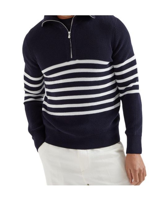 Brunello Cucinelli Blue Half-Zip English Rib Striped Jumper for men
